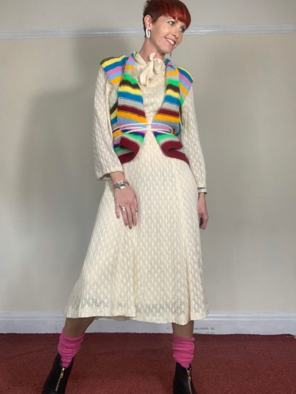 1970s Cream Crochet Boho Midi Dress UK Size 10-12 5