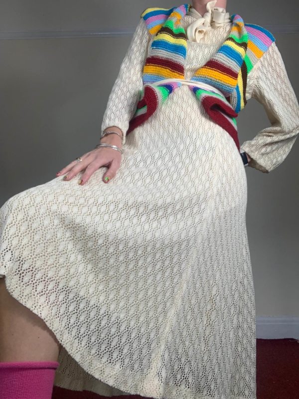 1970s Cream Crochet Boho Midi Dress UK Size 10-12 7
