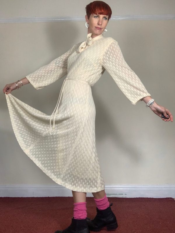 1970s Cream Crochet Boho Midi Dress UK Size 10-12 1