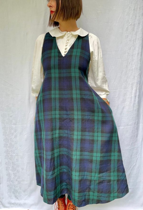 Green and Blue Vintage A-Line Pinafore Dress UK Size 12-16 1