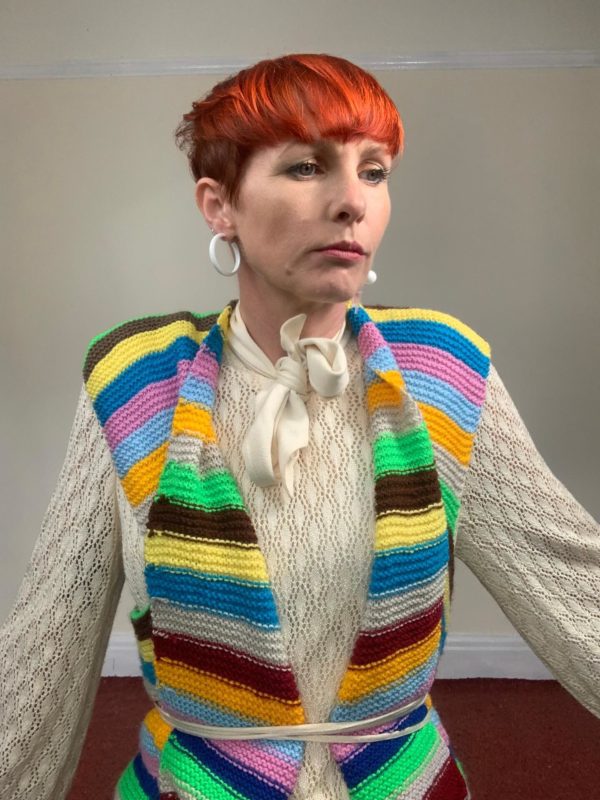 Hand Knitted Rainbow Sleeveless Cardigan UK Size 8-14 1