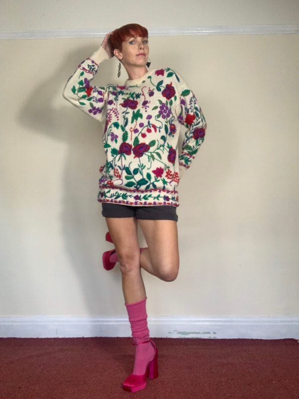 Purple and Green Floral Hand Knitted Jumper UK Size 10-12 1