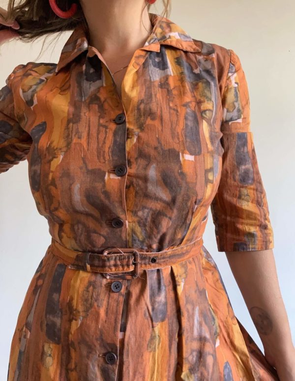 1950s Abstract Patterned Shirt Dress Uk Size 10 1