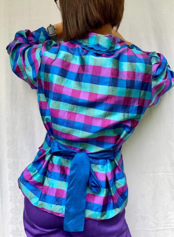 1980s Teal and Purple Checked Shirt with Scalloped Collar UK Size 12-14 - Image 3