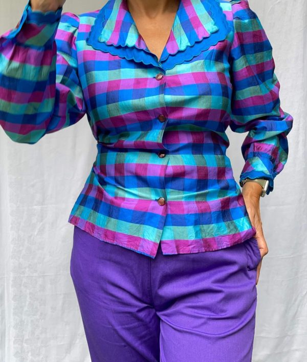 1980s Teal and Purple Checked Shirt with Scalloped Collar UK Size 12-14 1