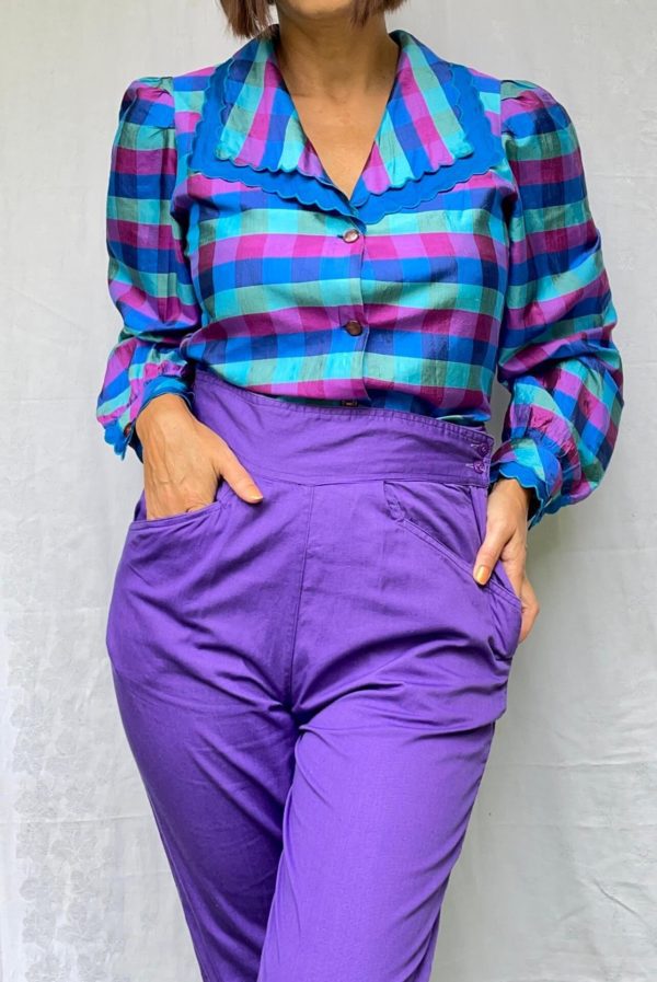 1980s Teal and Purple Checked Shirt with Scalloped Collar UK Size 12-14 2