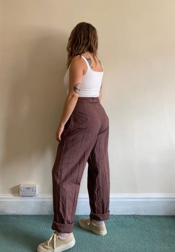 1980s Brown And Blue Checked High Waisted Trousers UK Size 10-12 3