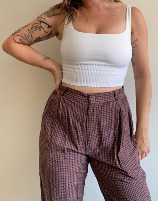 1980s Brown And Blue Checked High Waisted Trousers UK Size 10-12 4