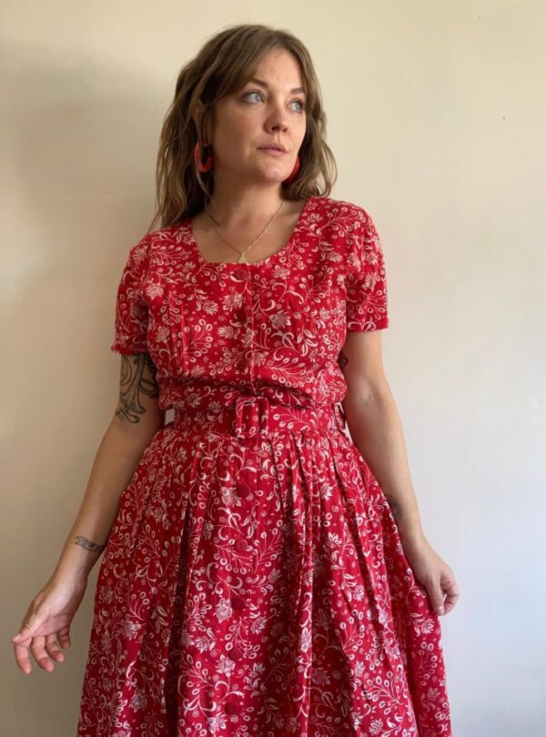 1980s Patterned Red Button Front Dress UK Size 8-10 - Image 3