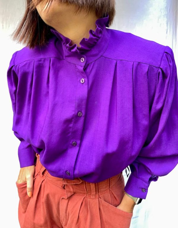 1980s Purple Pie Crust Collar Shirt UK Size 12-16 1