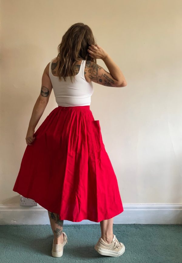 1980s St Michael Red Midi Skirt with Patch Pockets UK Size 8-10 3