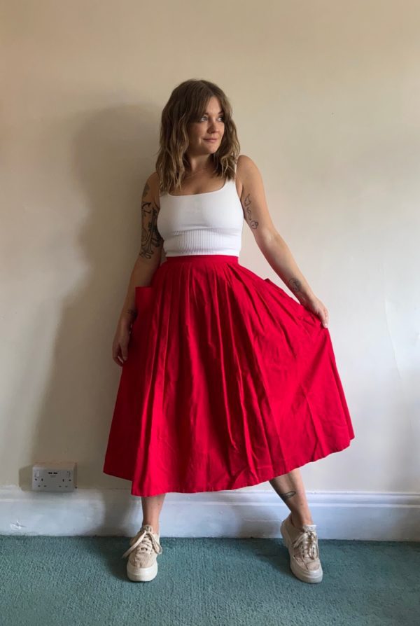 1980s St Michael Red Midi Skirt with Patch Pockets UK Size 8-10 2
