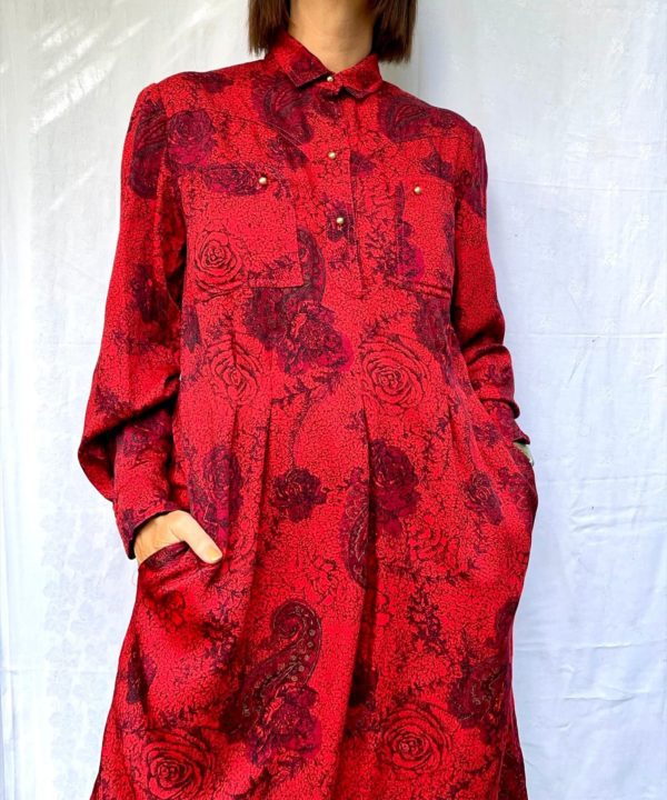 1980s Red Rose Print Shirt Dress UK Size 12 4