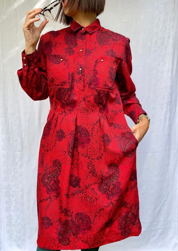 1980s Red Rose Print Shirt Dress UK Size 12 1