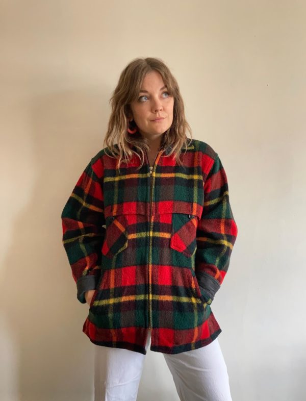 1980s Zip Front Checked Tartan Wool Lumberjack Jacket UK Size 10-12 1