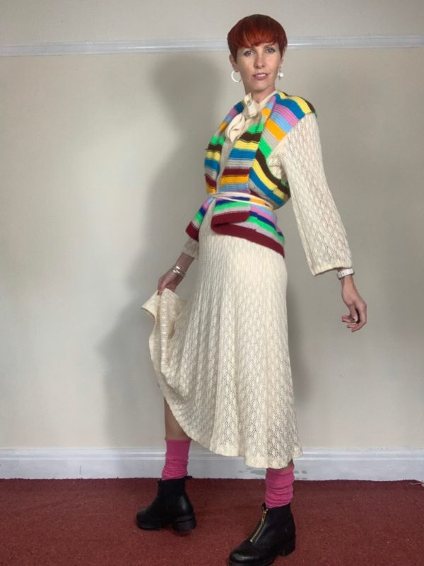 1970s Cream Crochet Boho Midi Dress UK Size 10-12 2
