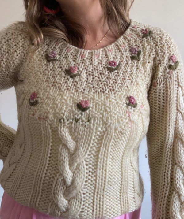 Hand Knitted Cream Cable Knit Floral Jumper Uk Size 8 2