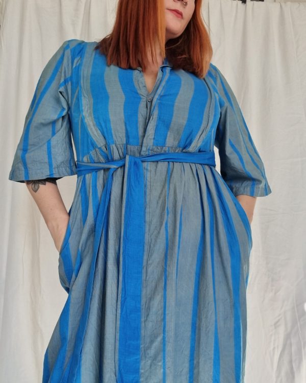 Blue and Grey Striped German Cotton Dress UK Size 14-16 4