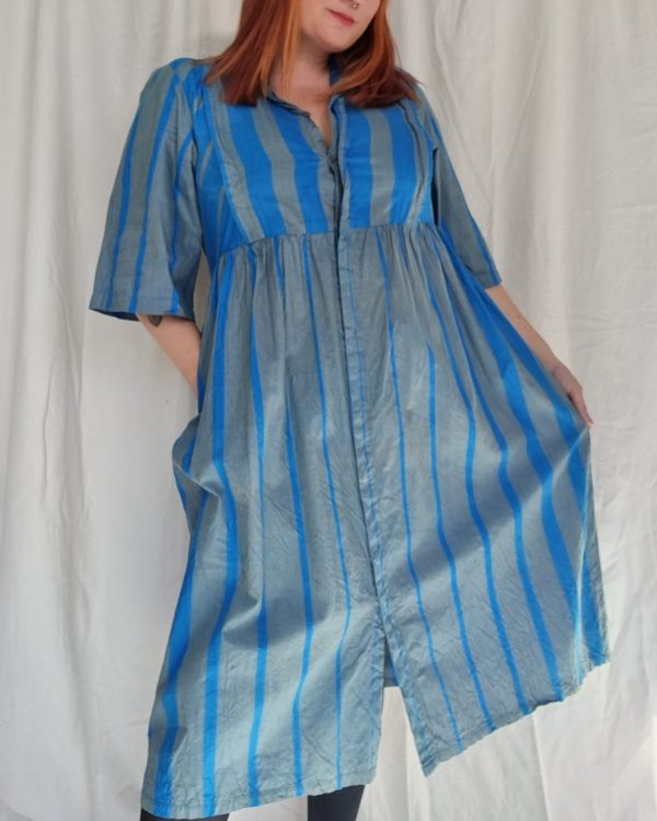 Blue and Grey Striped German Cotton Dress UK Size 14-16 1