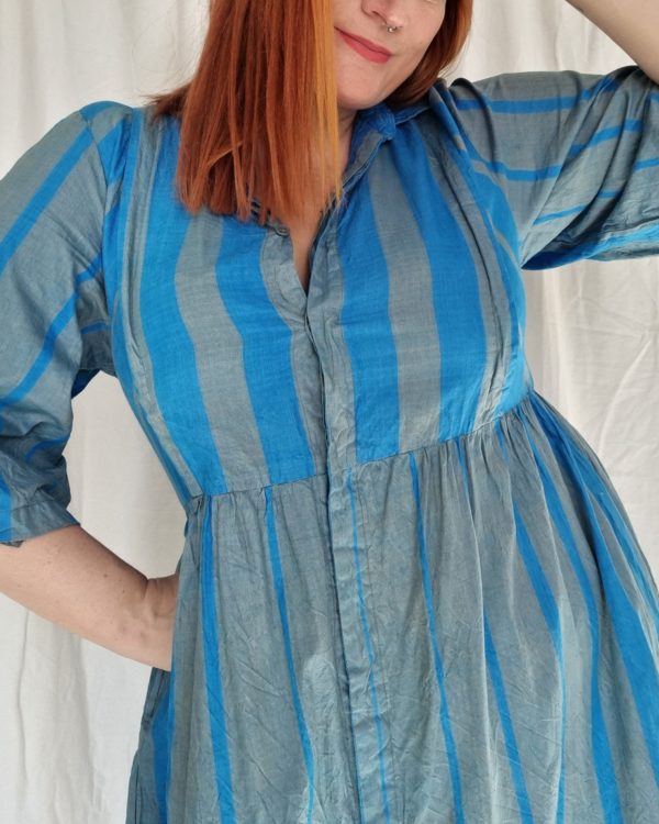 Blue and Grey Striped German Cotton Dress UK Size 14-16 2
