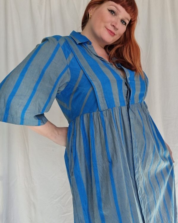 Blue and Grey Striped German Cotton Dress UK Size 14-16 3