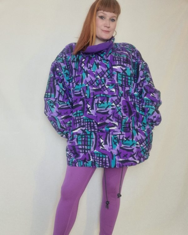 90s Purple and Teal Abstract Print Ski Jacket UK 18-20 2