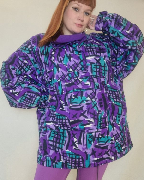 90s Purple and Teal Abstract Print Ski Jacket UK 18-20 1