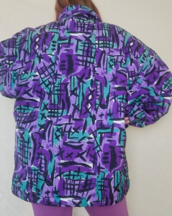 90s Purple and Teal Abstract Print Ski Jacket UK 18-20 3