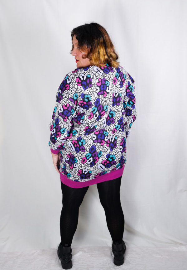 1980s Purple and Teal Leopard Print Longline Sweater Dress UK Size 18-20 3