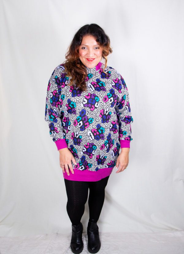 1980s Purple and Teal Leopard Print Longline Sweater Dress UK Size 18-20 1