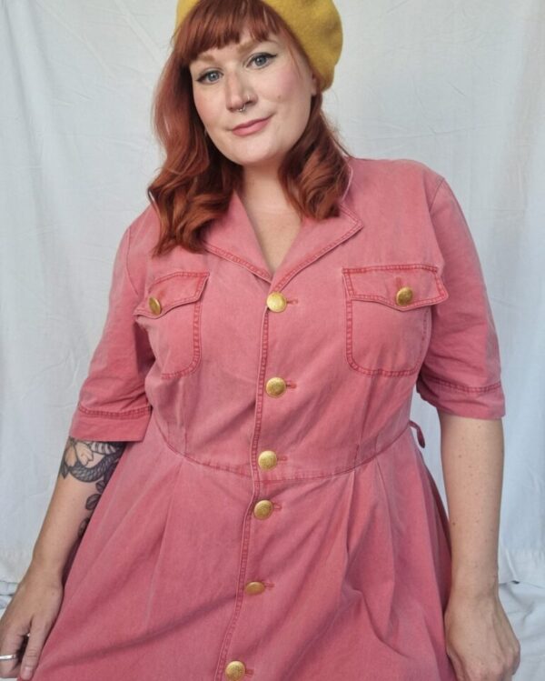 1980s Dusky Pink Shirt Dress UK Size 22-24 - Image 3
