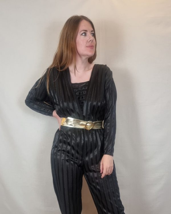 Black and Silver Striped 80s Jumpsuit UK Size 12-14 1