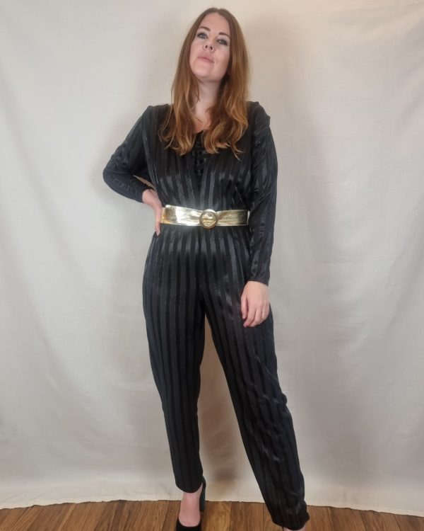 Black and Silver Striped 80s Jumpsuit UK Size 12-14 2