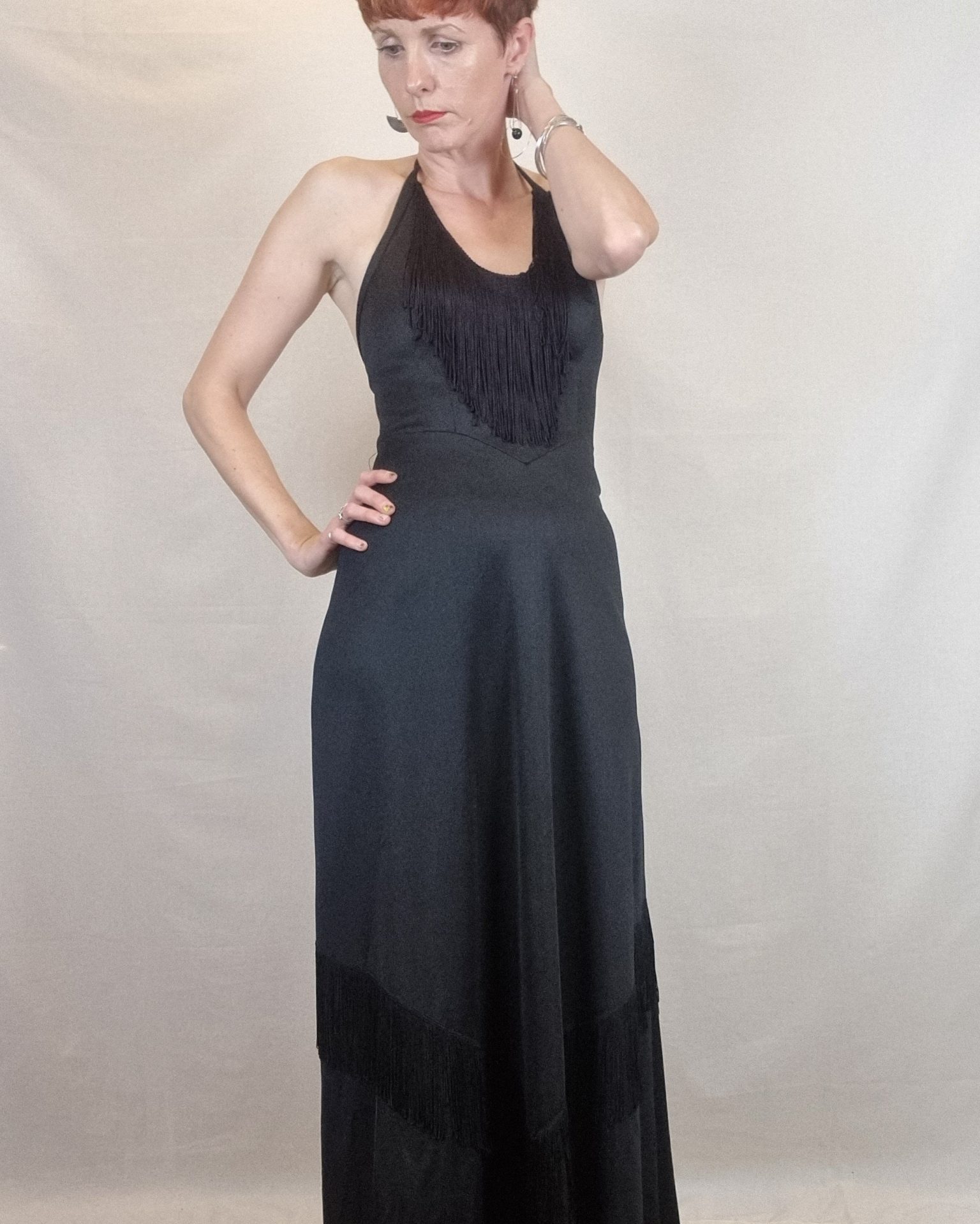 Black Halter Neck Fringed Maxi Dress UK Size 8 - Rhubarb Jumble