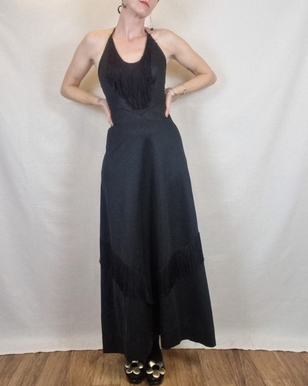 Black Halter Neck Fringed Maxi Dress UK Size 8 5