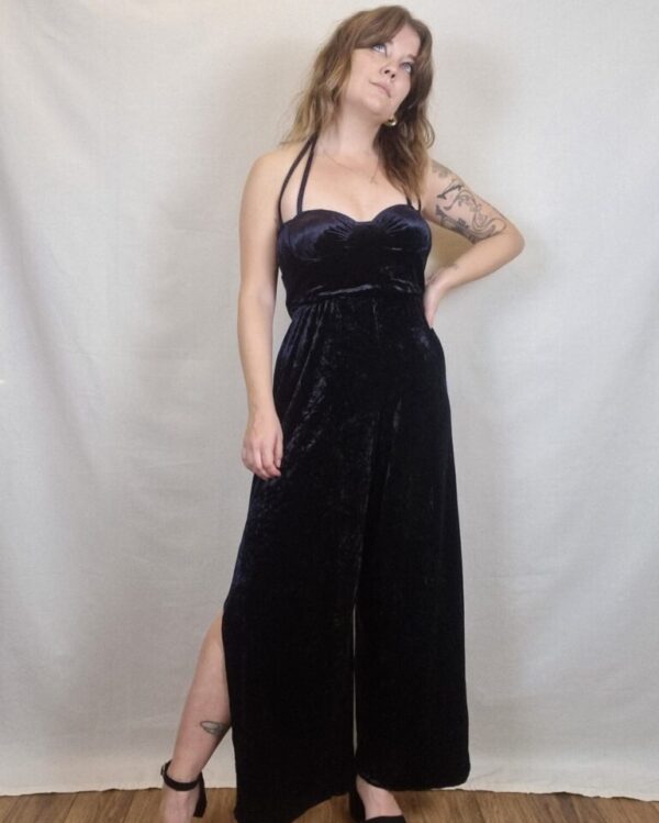 Black Stretch Split Leg Velvet Jumpsuit UK 8-10 - Image 2