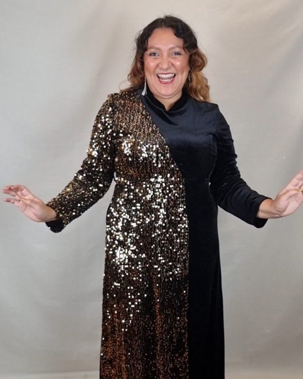 Bronze Sequin and Black Velvet Maxi Dress UK 18-22 2