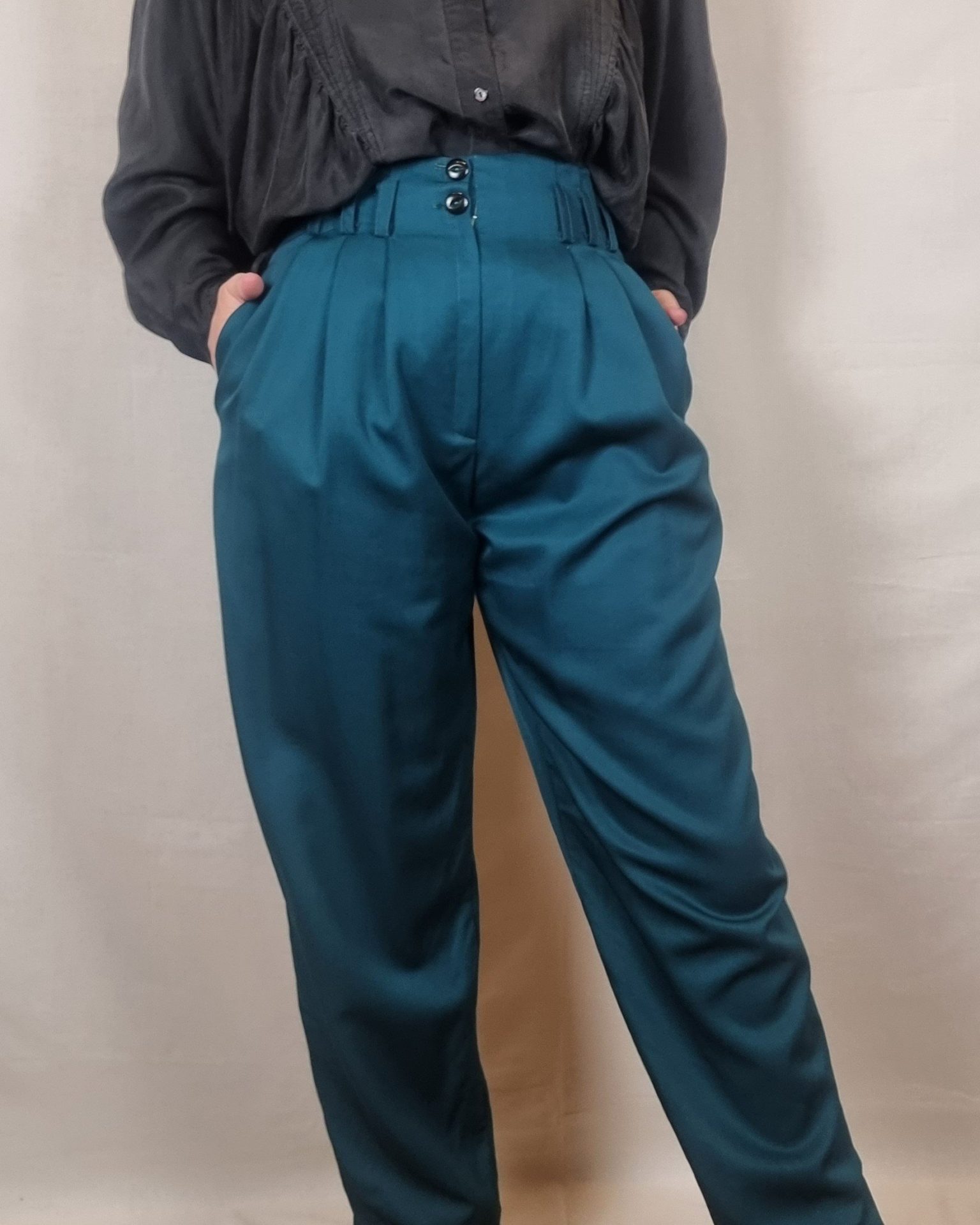 Deep Green Pleated 80s High Waisted Trousers UK Size 10 - Rhubarb