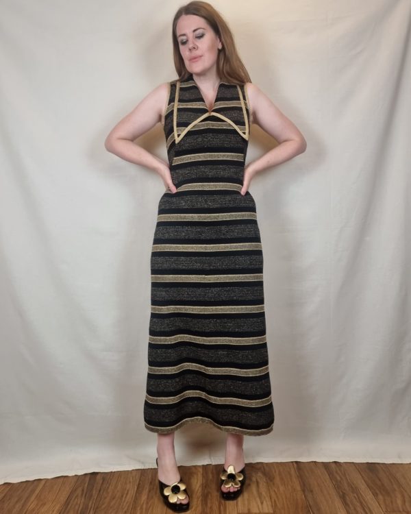 Gold and Black Striped Lurex Maxi Dress UK Size 10 1