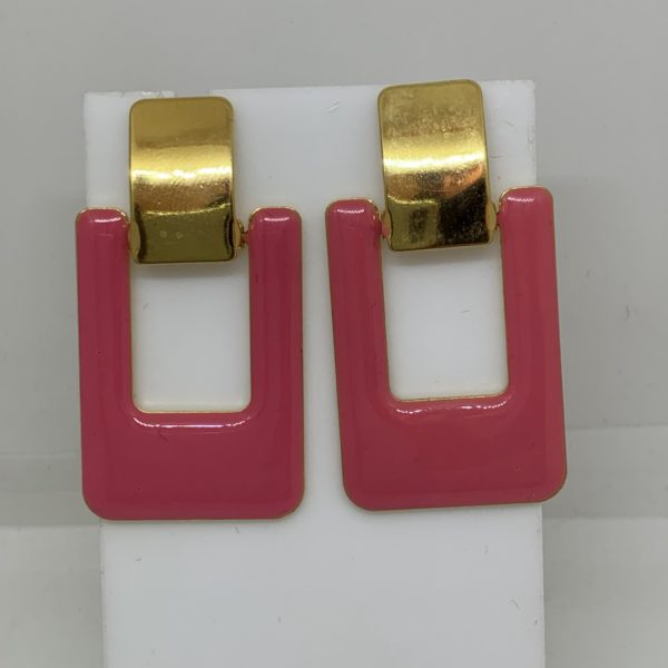 Pink enamel and gold rectangular earrings 1
