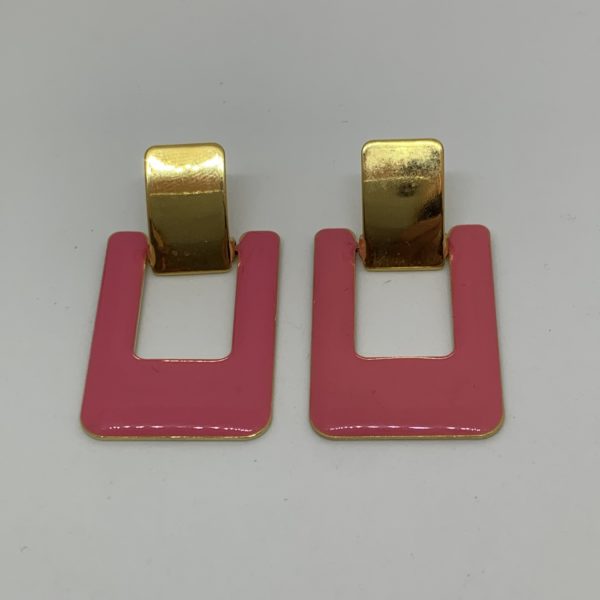 Pink enamel and gold rectangular earrings 3
