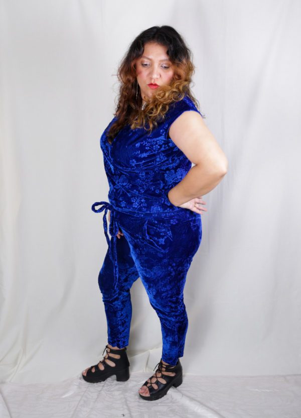 Royal Blue Rose Patterned Devoré Stretch Velvet Jumpsuit UK Size 12-16 3