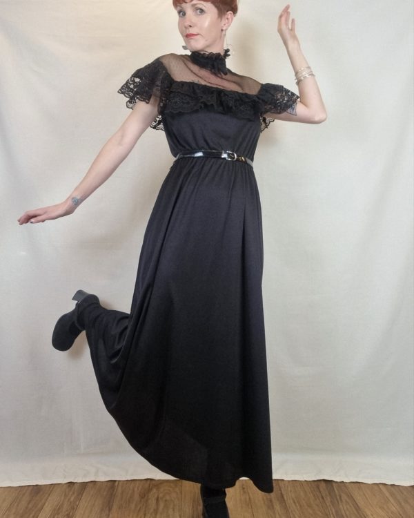 Swiss Dot Mesh and Lace Collared Neck Black Dress UK Size 10-12 6