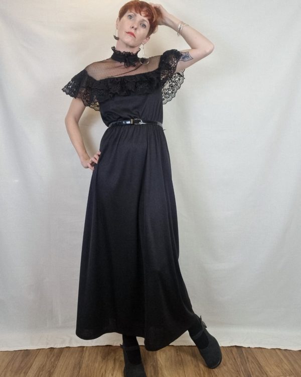 Swiss Dot Mesh and Lace Collared Neck Black Dress UK Size 10-12 5