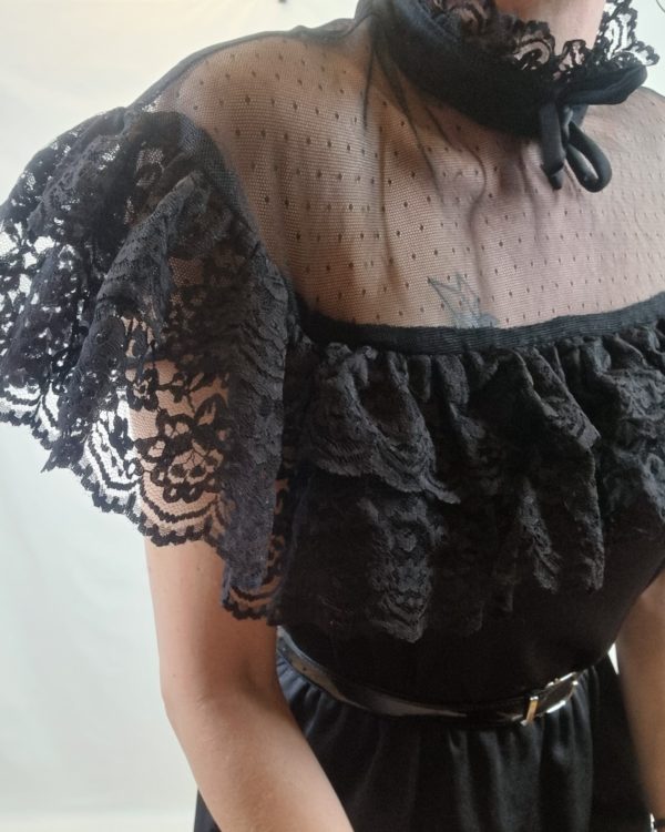 Swiss Dot Mesh and Lace Collared Neck Black Dress UK Size 10-12 3