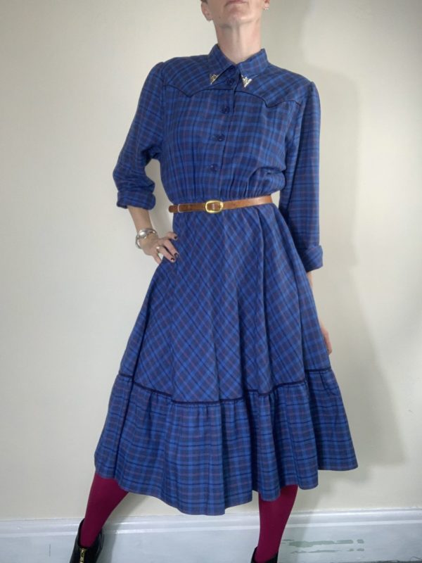 Blue check cowboy dress with metal tab collar size 10-12 2
