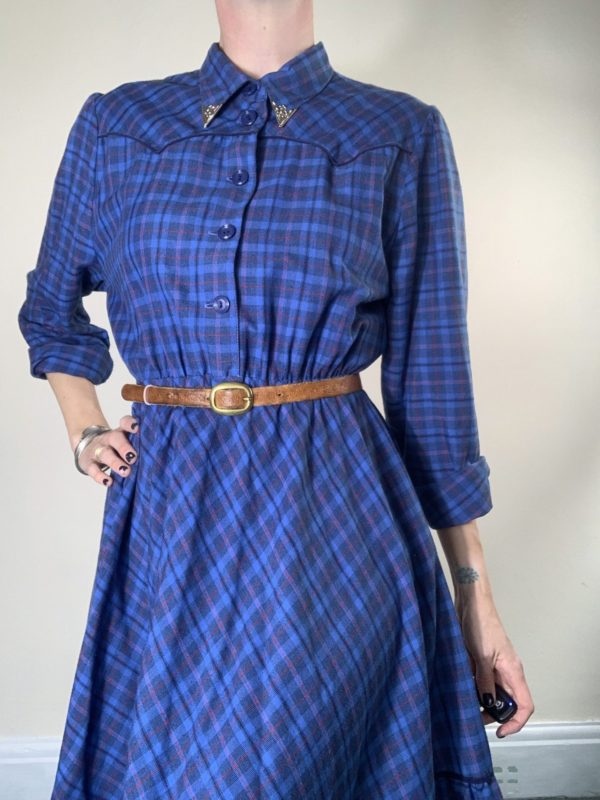 Blue check cowboy dress with metal tab collar size 10-12 1