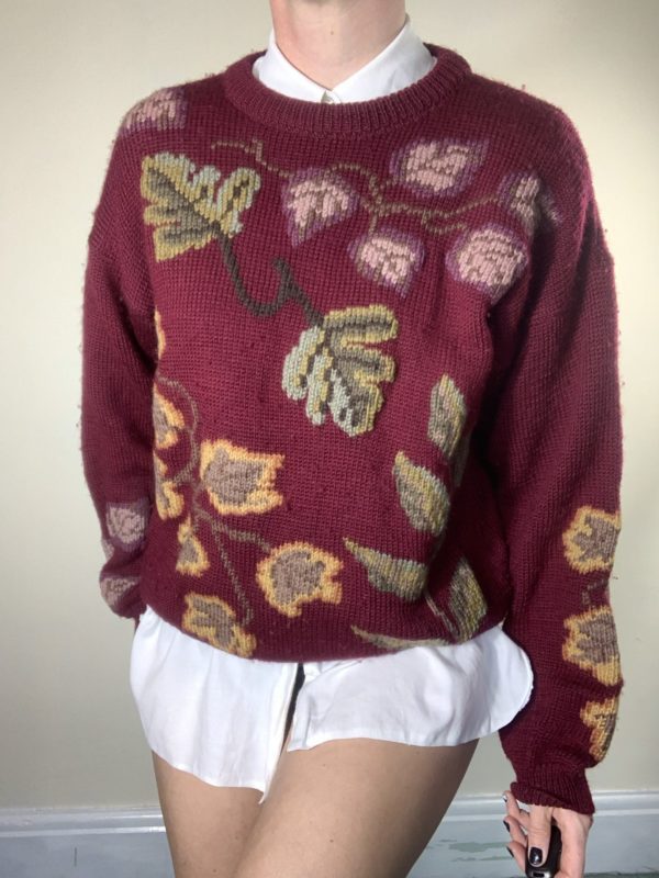 Hand knitted burgundy autumnal jumper size 10-12 2