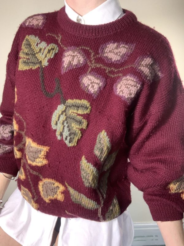 Hand knitted burgundy autumnal jumper size 10-12 1