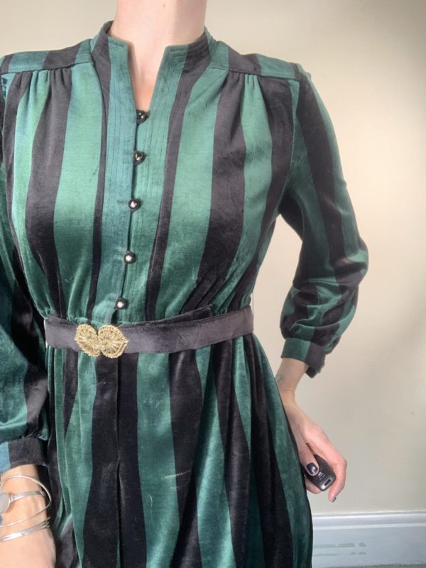 Black and green striped velour dress with belt size 10 2